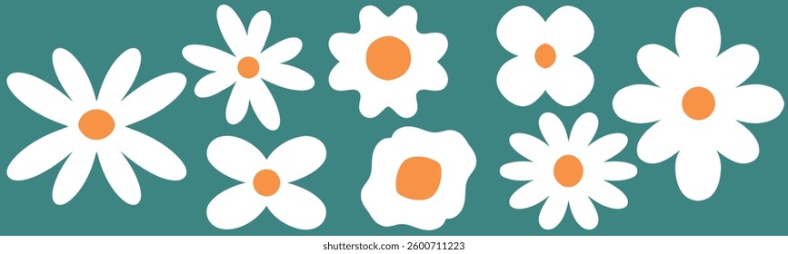 Colorful Hand-Drawn Flowers Illustration on Aqua Background. A vibrant and cheerful display of white and orange stylized flowers, perfect for adding a touch of freshness and creativity to designs, art