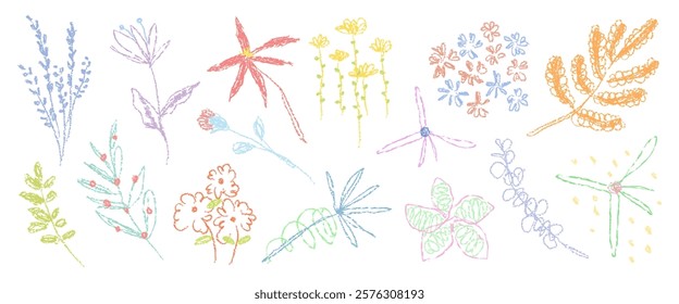 Colorful hand-drawn flowers in various shapes and sizes. Vibrant floral patterns, diverse flower designs, and artistic flower illustrations. Spring illustrations, vector set.