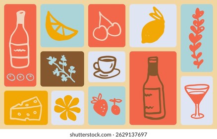 Colorful Hand-Drawn Food and Drink Icons Set for for Restaurant Menu, Cafe Branding, Recipe Books and kitchen-themed Graphic Design. Wine, Fruits, Cheese, Herbs and Coffee
