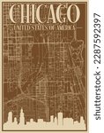 Colorful hand-drawn framed poster of the downtown CHICAGO, UNITED STATES OF AMERICA with highlighted vintage city skyline and lettering