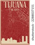 Colorful hand-drawn framed poster of the downtown TIJUANA, MEXICO with highlighted vintage city skyline and lettering