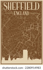 Colorful hand-drawn framed poster of the downtown SHEFFIELD, UNITED KINGDOM with highlighted vintage city skyline and lettering