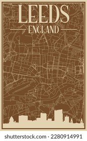 Colorful hand-drawn framed poster of the downtown LEEDS, UNITED KINGDOM with highlighted vintage city skyline and lettering