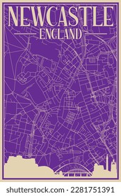 Colorful hand-drawn framed poster of the downtown NEWCASTLE, UNITED KINGDOM with highlighted vintage city skyline and lettering