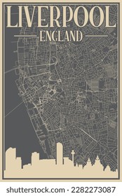 Afiche enmarcado a mano del centro de LIVERPOOL, REINO UNIDO con un destacado perfil de la ciudad vintage y letras