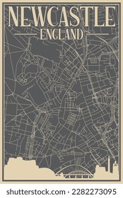 Colorful hand-drawn framed poster of the downtown NEWCASTLE, UNITED KINGDOM with highlighted vintage city skyline and lettering