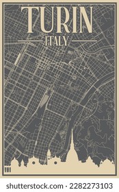 Colorful hand-drawn framed poster of the downtown TURIN, ITALY with highlighted vintage city skyline and lettering