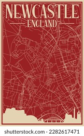 Colorful hand-drawn framed poster of the downtown NEWCASTLE, UNITED KINGDOM with highlighted vintage city skyline and lettering