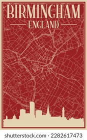Colorful hand-drawn framed poster of the downtown BIRMINGHAM, UNITED KINGDOM with highlighted vintage city skyline and lettering