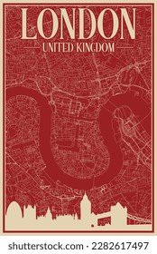 Colorful hand-drawn framed poster of the downtown LONDON, UNITED KINGDOM with highlighted vintage city skyline and lettering