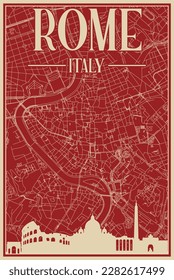 Colorful hand-drawn framed poster of the downtown ROME, ITALY with highlighted vintage city skyline and lettering