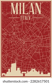 Colorful hand-drawn framed poster of the downtown MILAN, ITALY with highlighted vintage city skyline and lettering