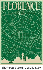 Colorful hand-drawn framed poster of the downtown FLORENCE, ITALY with highlighted vintage city skyline and lettering