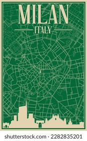 Colorful hand-drawn framed poster of the downtown MILAN, ITALY with highlighted vintage city skyline and lettering