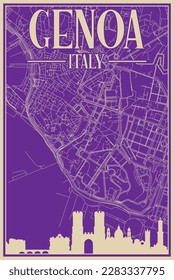 Colorful hand-drawn framed poster of the downtown GENOA, ITALY with highlighted vintage city skyline and lettering