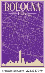 Colorful hand-drawn framed poster of the downtown BOLOGNA, ITALY with highlighted vintage city skyline and lettering