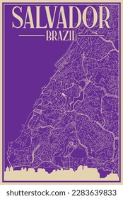 Colorful hand-drawn framed poster of the downtown SALVADOR, BRAZIL with highlighted vintage city skyline and lettering
