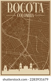 Colorful hand-drawn framed poster of the downtown BOGOTA, COLOMBIA with highlighted vintage city skyline and lettering