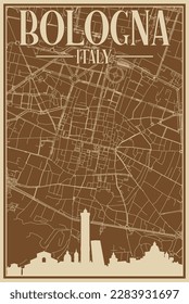 Colorful hand-drawn framed poster of the downtown BOLOGNA, ITALY with highlighted vintage city skyline and lettering