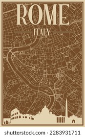 Colorful hand-drawn framed poster of the downtown ROME, ITALY with highlighted vintage city skyline and lettering