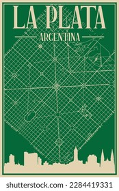 Colorful hand-drawn framed poster of the downtown LA PLATA, ARGENTINA with highlighted vintage city skyline and lettering