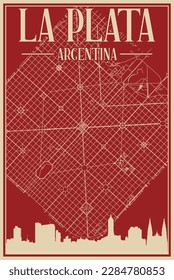 Colorful hand-drawn framed poster of the downtown LA PLATA, ARGENTINA with highlighted vintage city skyline and lettering