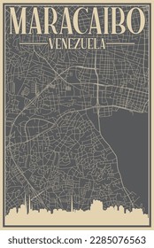 Colorful hand-drawn framed poster of the downtown MARACAIBO, VENEZUELA with highlighted vintage city skyline and lettering