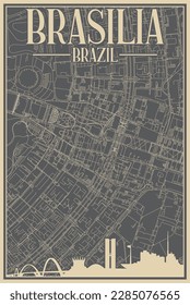 Farbiges, handgezeichnetes Plakat der Innenstadt BRASILIA, BRAZIL mit hervorgehobener Skyline und Schrift