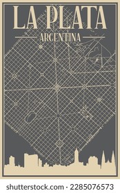 Colorful hand-drawn framed poster of the downtown LA PLATA, ARGENTINA with highlighted vintage city skyline and lettering