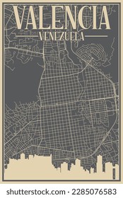 Colorful hand-drawn framed poster of the downtown VALENCIA, VENEZUELA with highlighted vintage city skyline and lettering