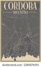 Colorful hand-drawn framed poster of the downtown CORDOBA, ARGENTINA with highlighted vintage city skyline and lettering