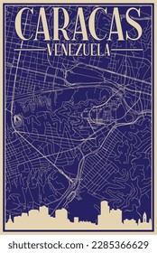 Colorful hand-drawn framed poster of the downtown CARACAS, VENEZUELA with highlighted vintage city skyline and lettering