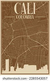 Colorful hand-drawn framed poster of the downtown CALI, COLOMBIA with highlighted vintage city skyline and lettering
