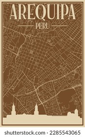 Colorful hand-drawn framed poster of the downtown AREQUIPA, PERU with highlighted vintage city skyline and lettering