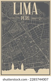 Colorful hand-drawn framed poster of the downtown LIMA, PERU with highlighted vintage city skyline and lettering