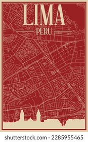 Colorful hand-drawn framed poster of the downtown LIMA, PERU with highlighted vintage city skyline and lettering