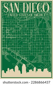 Colorful hand-drawn framed poster of the downtown SAN DIEGO, UNITED STATES OF AMERICA with highlighted vintage city skyline and lettering