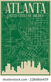 Colorful hand-drawn framed poster of the downtown ATLANTA, UNITED STATES OF AMERICA with highlighted vintage city skyline and lettering