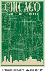 Colorful hand-drawn framed poster of the downtown CHICAGO, UNITED STATES OF AMERICA with highlighted vintage city skyline and lettering