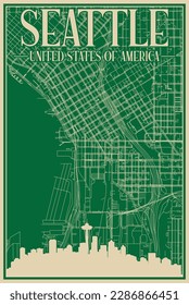 Colorful hand-drawn framed poster of the downtown SEATTLE, UNITED STATES OF AMERICA with highlighted vintage city skyline and lettering