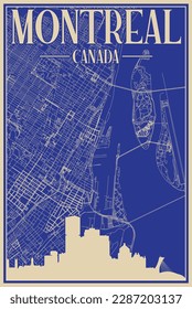 Colorful hand-drawn framed poster of the downtown MONTREAL, CANADA with highlighted vintage city skyline and lettering