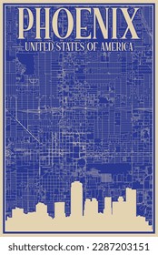 Colorful hand-drawn framed poster of the downtown PHOENIX, UNITED STATES OF AMERICA with highlighted vintage city skyline and lettering