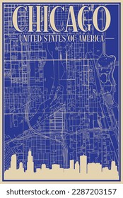 Colorful hand-drawn framed poster of the downtown CHICAGO, UNITED STATES OF AMERICA with highlighted vintage city skyline and lettering