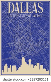 Colorful hand-drawn framed poster of the downtown DALLAS, UNITED STATES OF AMERICA with highlighted vintage city skyline and lettering