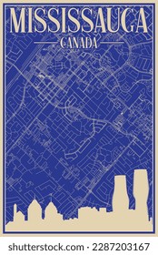 Colorful hand-drawn framed poster of the downtown MISSISSAUGA, CANADA with highlighted vintage city skyline and lettering