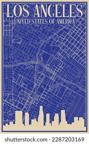 Colorful hand-drawn framed poster of the downtown LOS ANGELES, UNITED STATES OF AMERICA with highlighted vintage city skyline and lettering