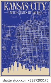 Colorful hand-drawn framed poster of the downtown KANSAS CITY, UNITED STATES OF AMERICA with highlighted vintage city skyline and lettering
