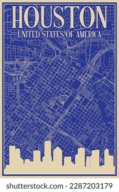 Afiche enmarcado a mano del centro de HOUSTON, ESTADOS UNIDOS DE AMÉRICA, con resaltado paisaje de ciudad vintage y letras