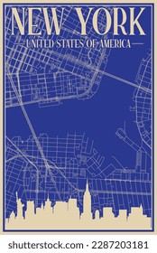 Colorful hand-drawn framed poster of the downtown NEW YORK CITY, UNITED STATES OF AMERICA with highlighted vintage city skyline and lettering