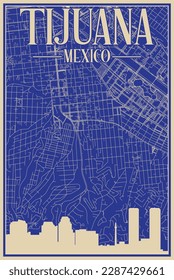 Colorful hand-drawn framed poster of the downtown TIJUANA, MEXICO with highlighted vintage city skyline and lettering